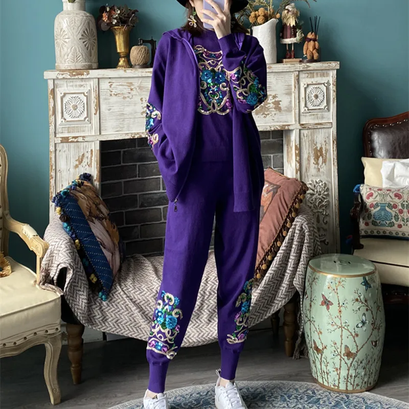 

Leopard Knitted Sweater+Ankle-Length Pants 3 Piece Set Women High-end Fashion Embroidery Women Two piece Set