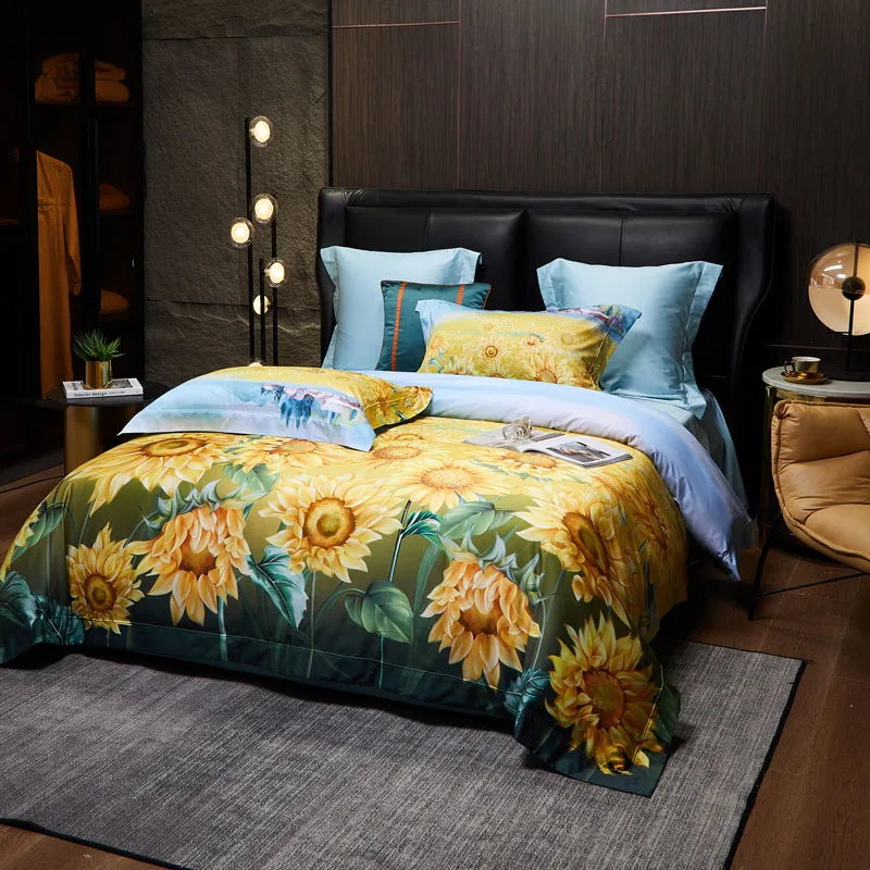 Pastoral Style Bedding Sets Digital Printing Bedlinen Pillowcase Double Bed Duvet Cover 3D Sunflower Design Long-Staple Cotton