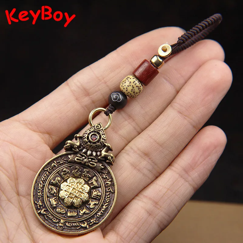 Retro Brass Buddhist Tantra Eight Diagram Tag Car Keychain Lanyard Pendant Jewelry Rotable Copper 12 Zodiac Animal Lucky Hanging