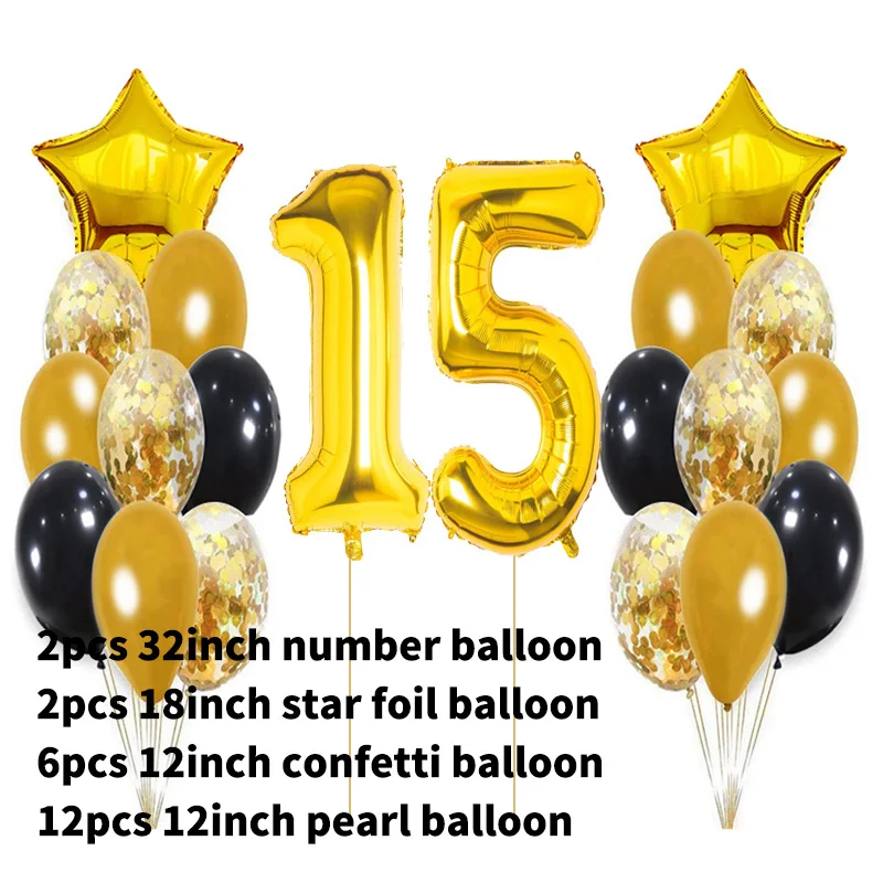 22 stücke Schwarz Gold Anzahl Folie Latex Ballons Geburtstag Party Dekorationen Erwachsene Kinder 10 15 16 18 25 30 35 40 50 60 jahre Alt