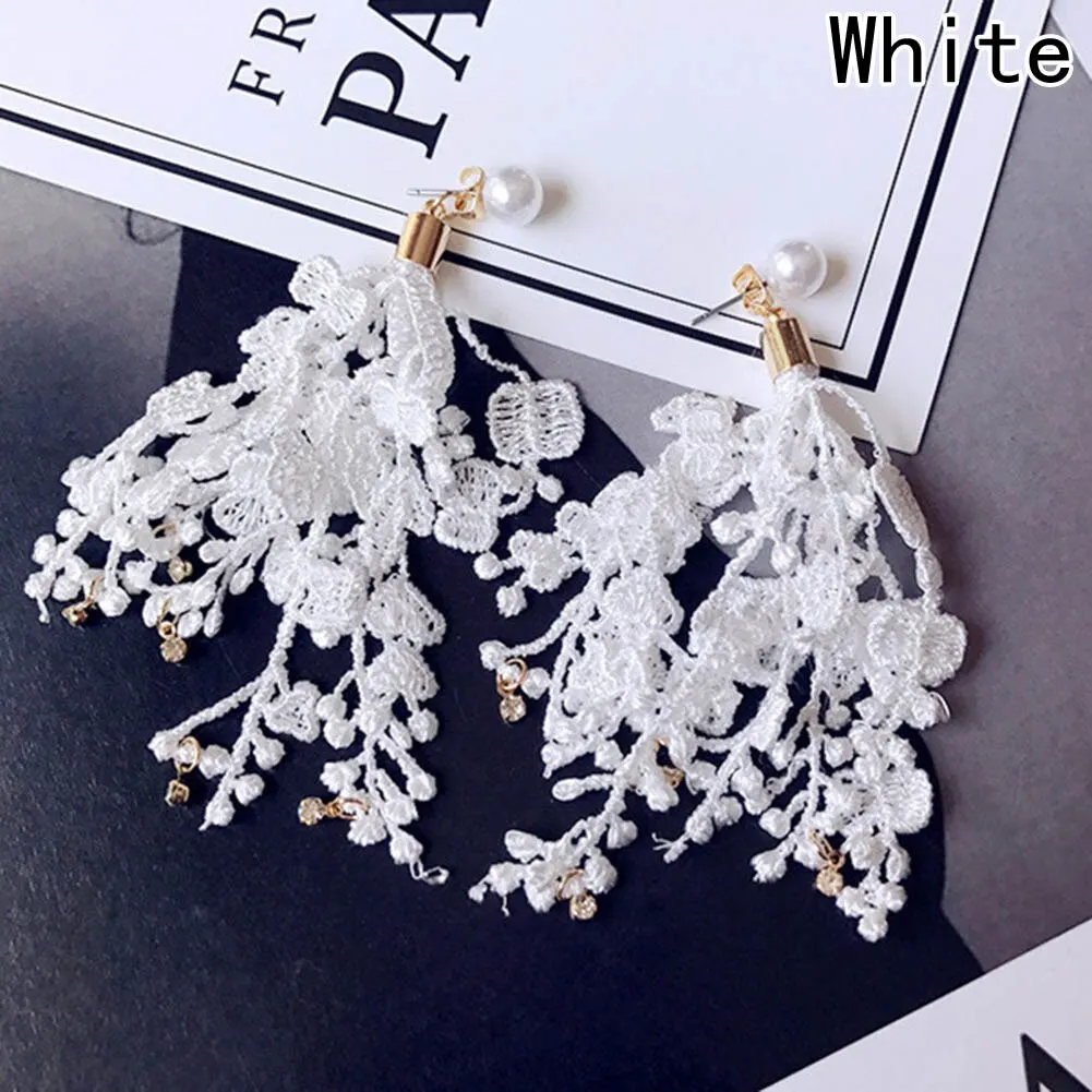 Fashion Lace Earring Female Drop Hanging Tassel Flower Fringe Dangle Statement Earring Boho Lace Women Wedding Pendant Jewelry