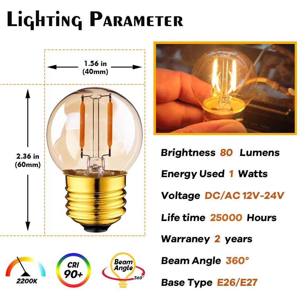 GANRILAND E27 DC12V 24V LED Light Bulb G40 1W E12 E14 Base Amber Glass 2200K Low Voltage Lamp Bulb For RV Locomotive Ship Cabin