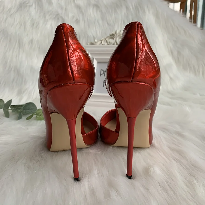 TOMONYE electro optic red patent pointed toe open inside night club sexy party evening women and men 12cm strange high heel shoe