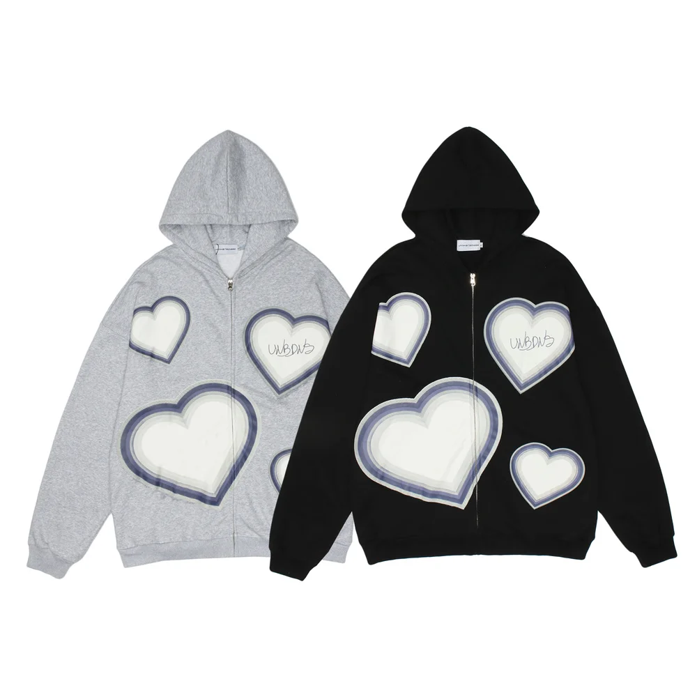 Sudadera con capucha con cremallera para mujer, ropa de calle Harajuku con estampado de corazón Y2k, holgada, Punk, e-girl, Kawaii, Hip-hop, ropa de calle de invierno con cremallera