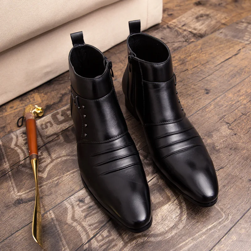 British Style Men Ankle PU Leather Boots Pointed Toe Business Wedding Men Dress Shoes Metal Decorated Men Office Boots