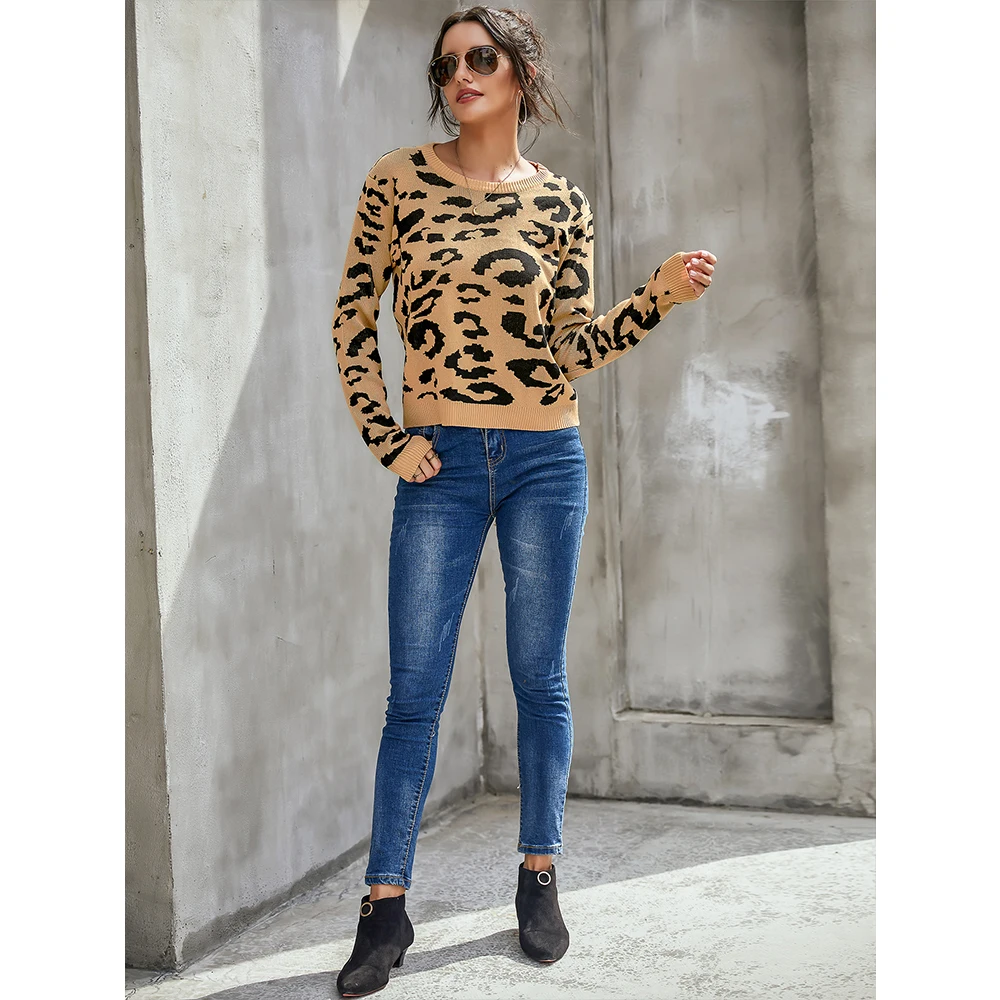 Hirigin 2020 Autumn Sweater Fashion Leopard print Knitting Round neck Long sleeve Slim Explosion Women Tops High Quality