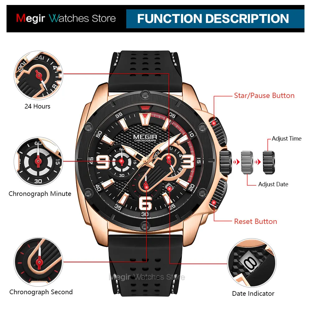 MEGIR Men\'s Chronograph Quartz Watches 2020 Luxury Top Brand Military Sport Wristwatch Silicone Strap Waterproof Watches Men