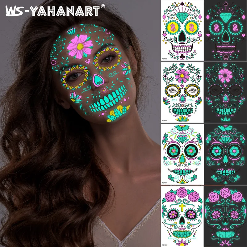 

2021 Halloween Tattoo Face Stickers Women Two-Color Luminous Horror Body Art Fake Tattoos Ghost Festival Scar Tattoo Sticker Hot