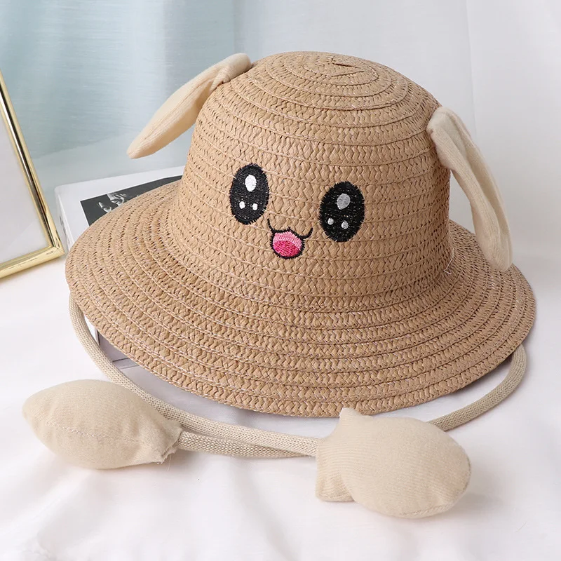 Xinyixiang New Children's Cap Straw Hats Moving Rabbit Ears Cute Cartoon Pink Bunny Baby Spring Outing Sombrero Sun Bucket Hat