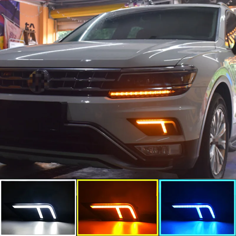 2Pcs Car LED Daytime Running Light For Volkswagen VW Tiguan 2017 2018 2019 DRL with Yellow Turning Fog lamp