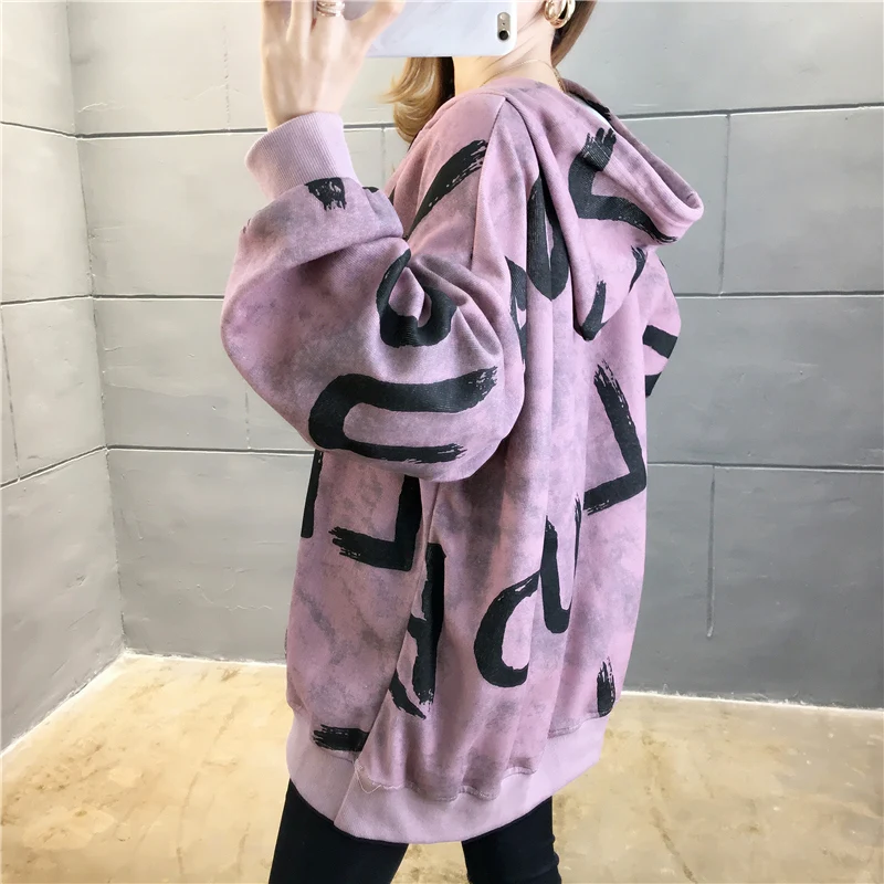 2020 New Autumn Ins Female Hoodie Harajuku Loose Tie-dye Commuter Casual Cotton Liner Drawstring Pocket Printed Women Sweatshirt