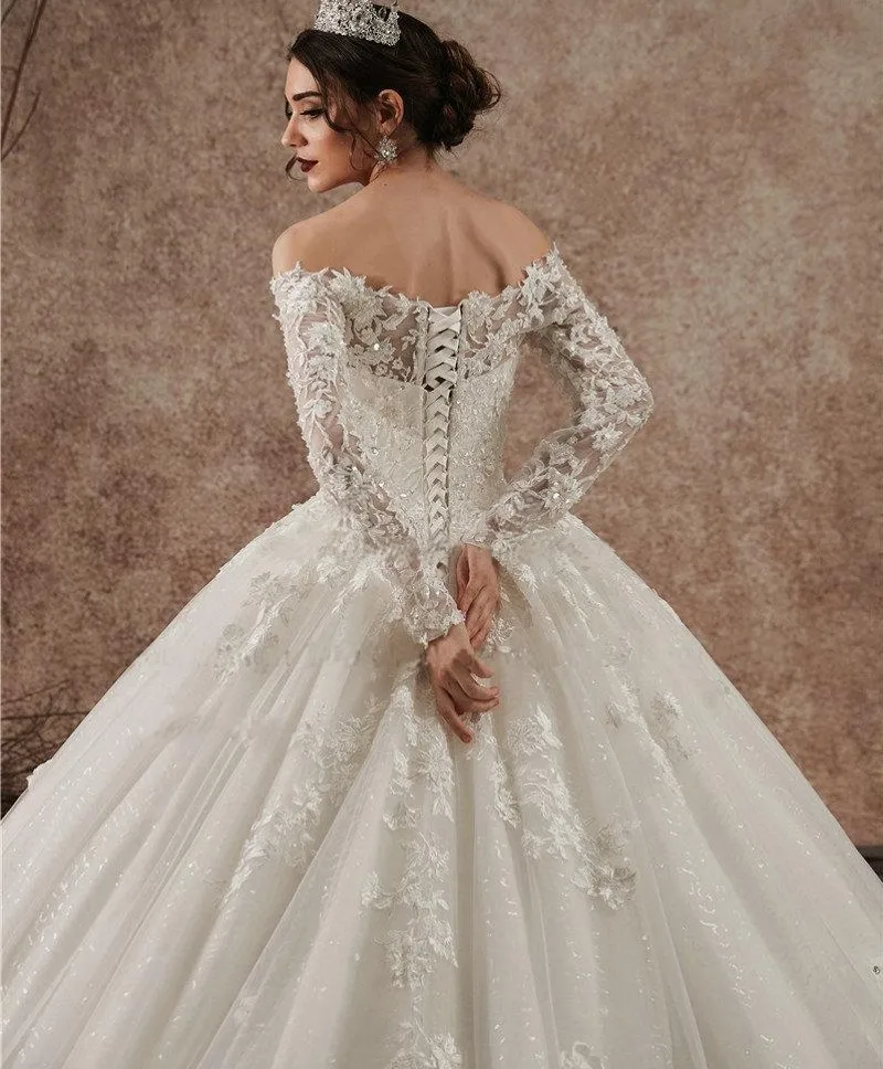 Robe de Mariée Bouffante en Dentelle Brillante, Manches sulf, à Lacets, Paillettes, pour les Patients, Personnalisée