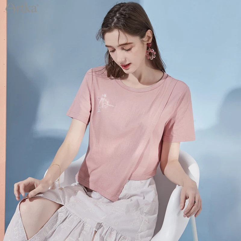 ARTKA 2021 Summer New Women T-shirt 100% Cotton Fashion  Embroidery O-Neck T-shirts Short Sleeve Irregular Pink T-shirt TA22410X