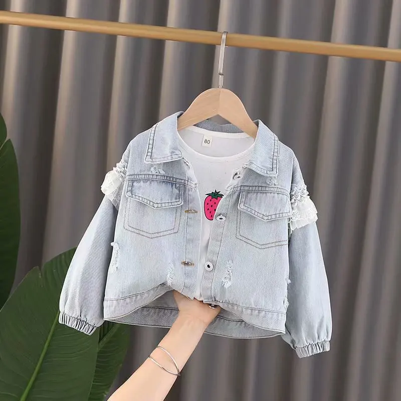 1-3 Year New Children\'s Denim Spring AutumnJackets Girl Flower Jean Jackets Girls Kids Clothing Baby Lace Coat Casual Outerwear