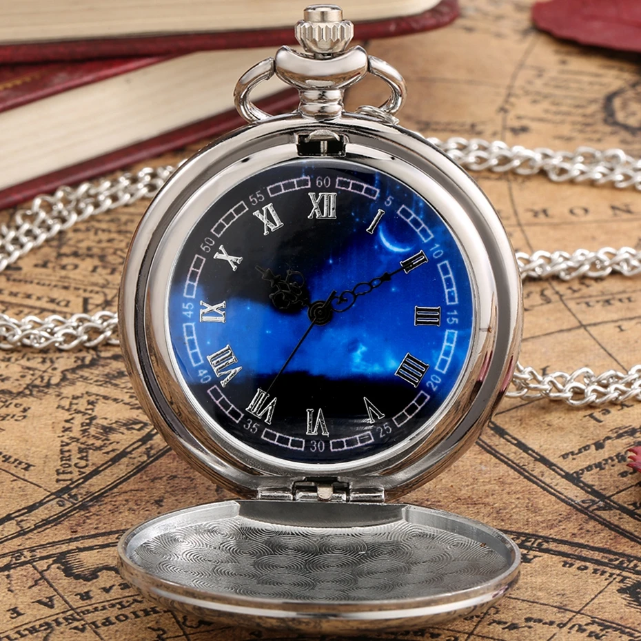 Unique Starry Blue Dial Retro Black/Silver Smooth Face Quartz Pocket Watch Necklace Pendant Analog Souvenir Gifts for Men Women