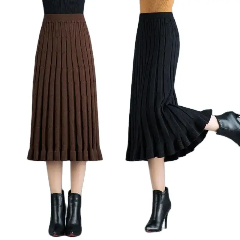 

Knitted Pleated Skirt Mid-Length Winter Skirt Female 2021 Autumn Winter Long Skirt Thick Woolen Skirt High Waist A-Line Skirt