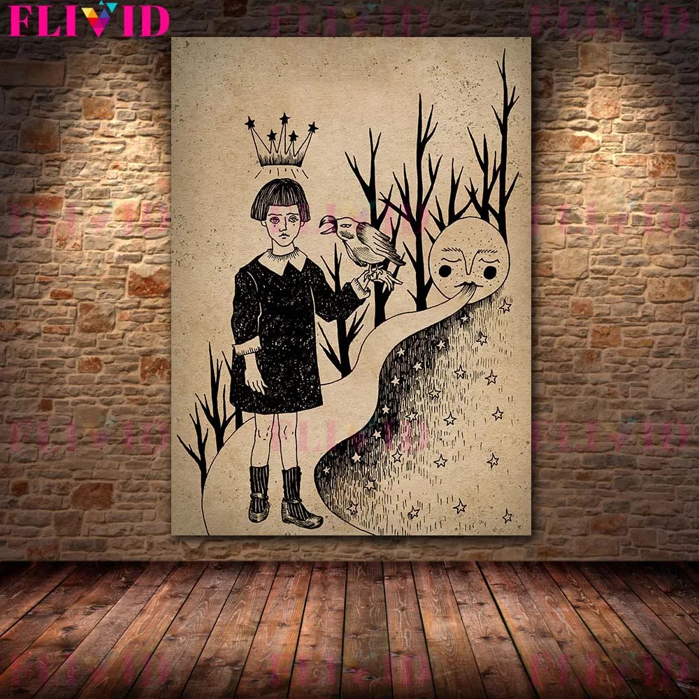 ساحرة القمر الفن طباعة بابا ياجا و ميدوسا خمر الرسم على لوحات القماش الجدارية ديكور المنزل المشارك والمطبوعات غير المؤطرة