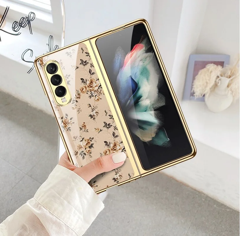 Vintage Floral Phone Case for Samsung Galaxy Z Fold 3 Cover Luxury Plating Shockproof Shell for Samsung Z Fold 3 Case
