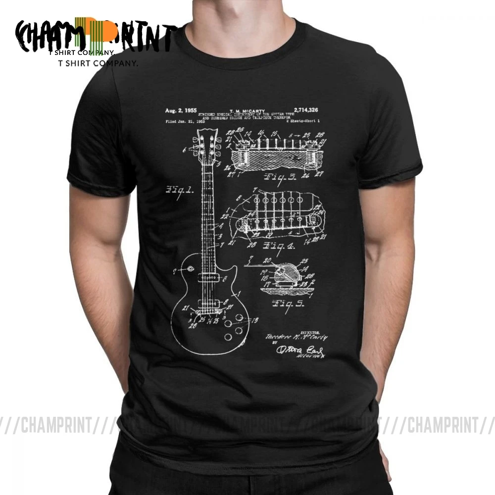 Patent Acoustic Electric Guitar Structure Music T Shirts Men 100% Cotton Vintage T-Shirts Youth Art Singular Tees Printing Tops