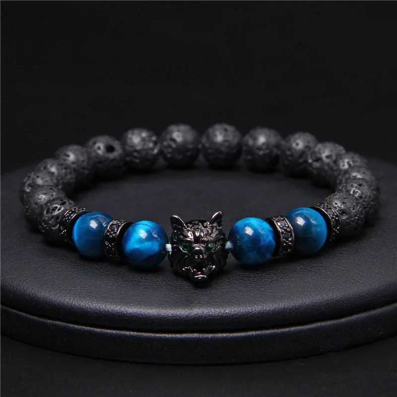 New Handmade 8mm Beaded Bracelet Men Natural Stone Blue Tiger Eye Beads Bracelet Black Wolf Head Charm Energy Bracelet Jewelry