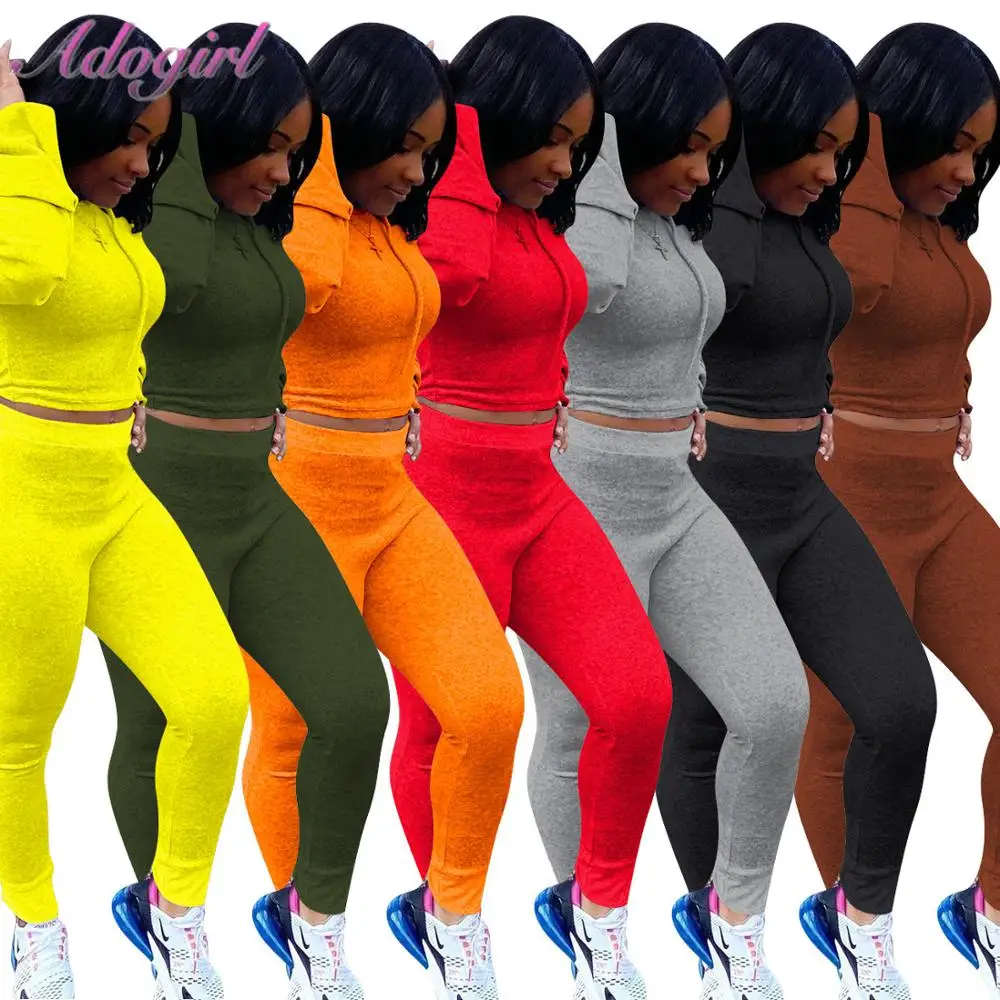 Plain Color Activewear Two Piece Sets Solid Long Sleeve Pullover Crop Tops Basic Hoddies Leggings Sweatpants Sporty Tracksuit