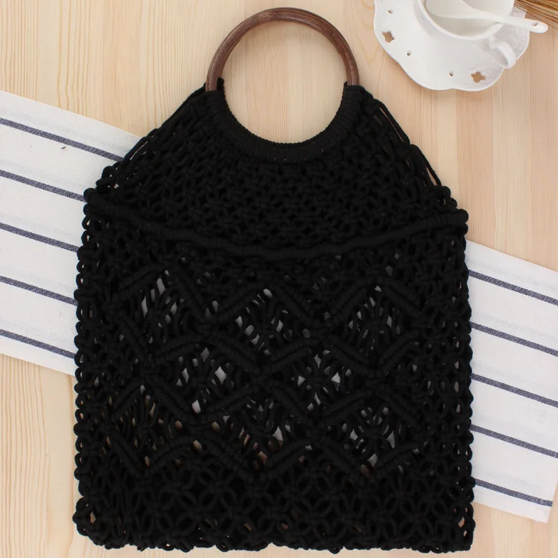 Rattan Handle Totes Cotton Rope Net Woven Bag Handmade Straw Handbags Fashion Summer Beach Shoulder Bags Woman Luxury