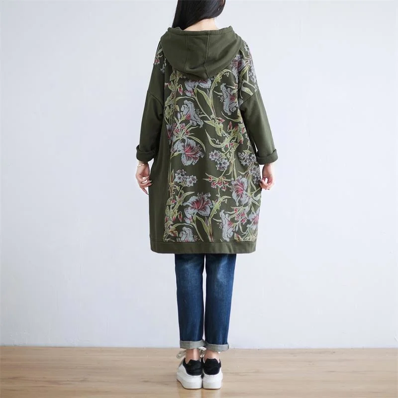 Masss Wasss 2021 Autumn Green Hooded Printed Punk Sweatshirt Womens Loose Casual Long Hoodies Female Flowers Harajuku Clothes