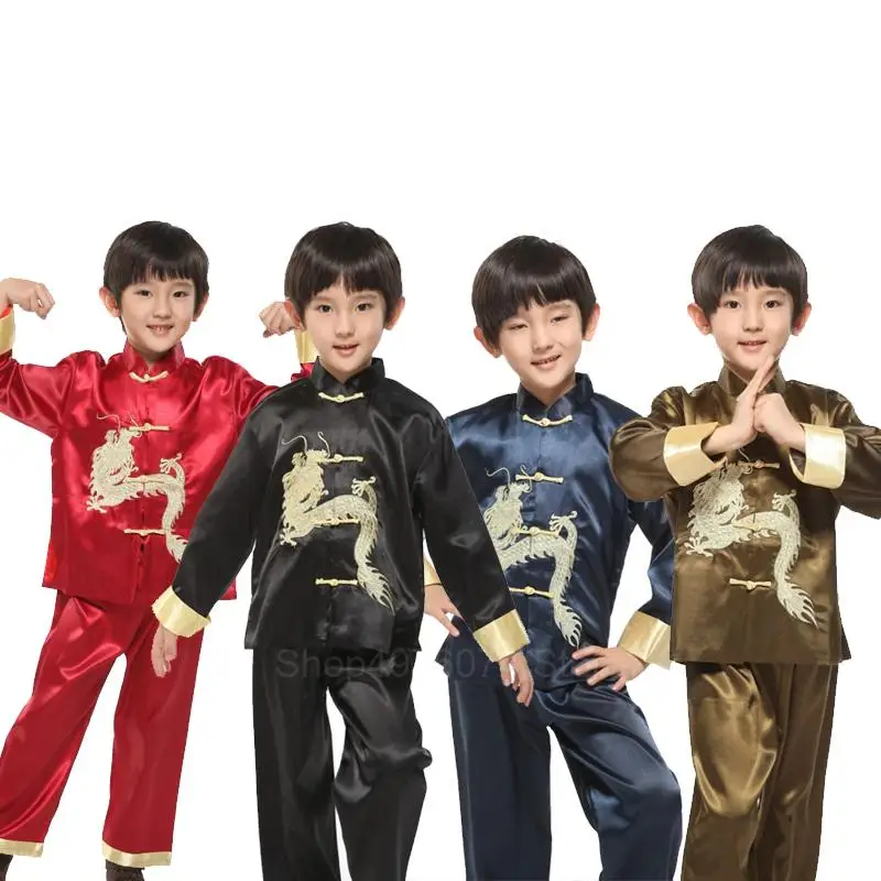 

Chinese New Year Jacket Boys Traditional Vintage Style Dragon Print Tang Suit Kids Satin Kungfu Shirt Full Sleeve Hanfu Clothing