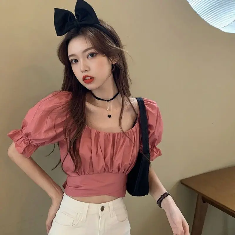 Blouses Women Summer Puff-sleeve Crop-top Backless Sexy Club Pleated Solid Elegant Sweet Girls Bow Lace-up Korean Style Blusas