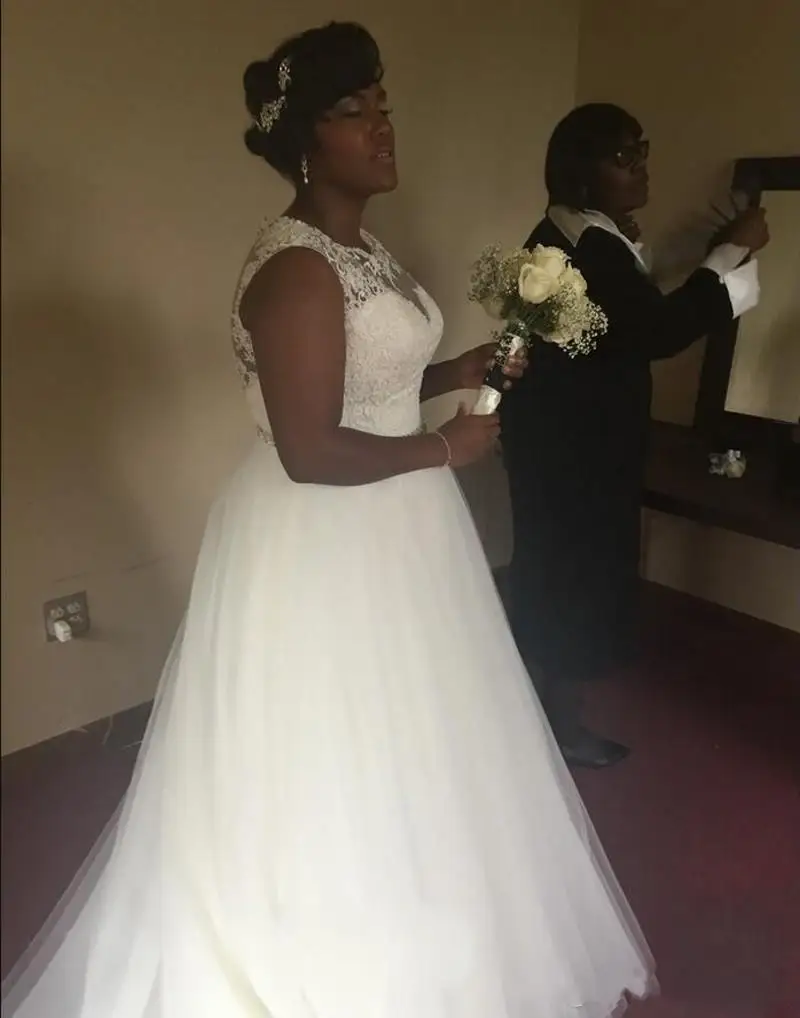 Vestido de novia de corte A con cuello redondo, con encaje apliques de cristal, cintura de talla grande, vestidos de boda hechos A medida