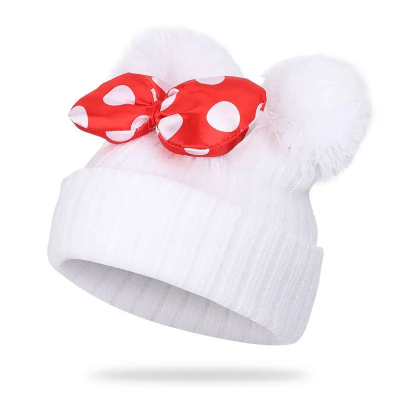 Anime Figure Disney Minnie Mouse Bow Knitted Girls Hat Winter Bonnet Children Cartoon Mickey Beanie Cap Kids Caps With Pompom