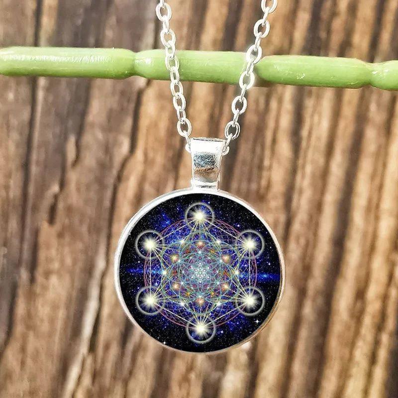 Geometry Metatron Cube Necklace for Men Lady Sri Yantra Flower of Life Glass Round Pendant Chain Necklaces Hexagram Jewelry