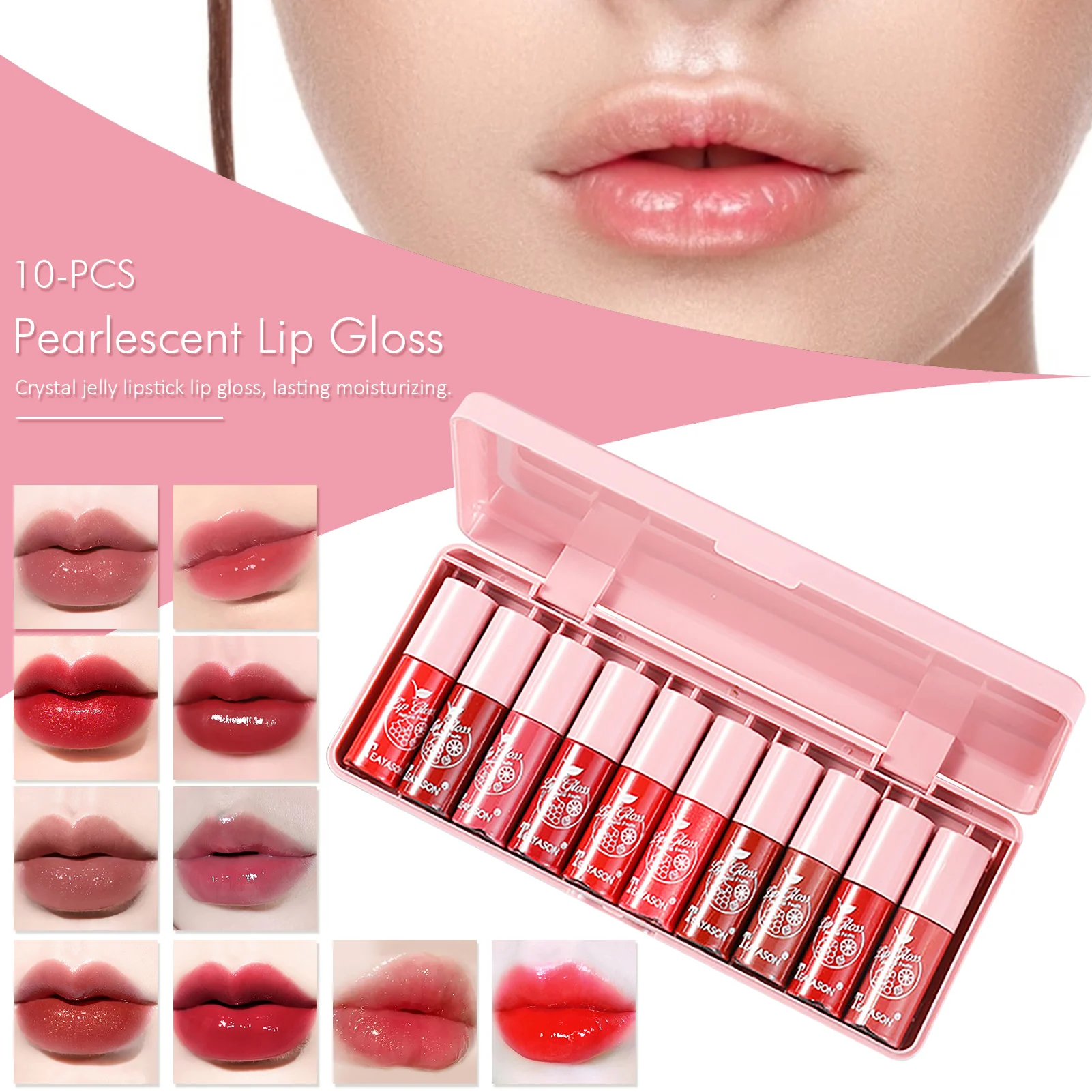 10pcs Girl Pink Lip Gloss Set Jelly Lipstick Moisturizing Glass Lip Gloss Cream Red Pink Shiny Lip Long Lasting Glitter Lip Int