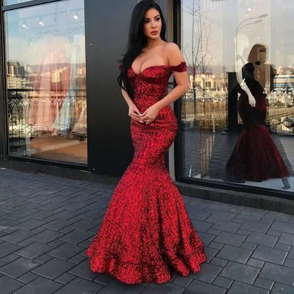 Sparkly prom dresses 2020 al largo della spalla paillettes bling bling della sirena dei vestiti da sera rosso