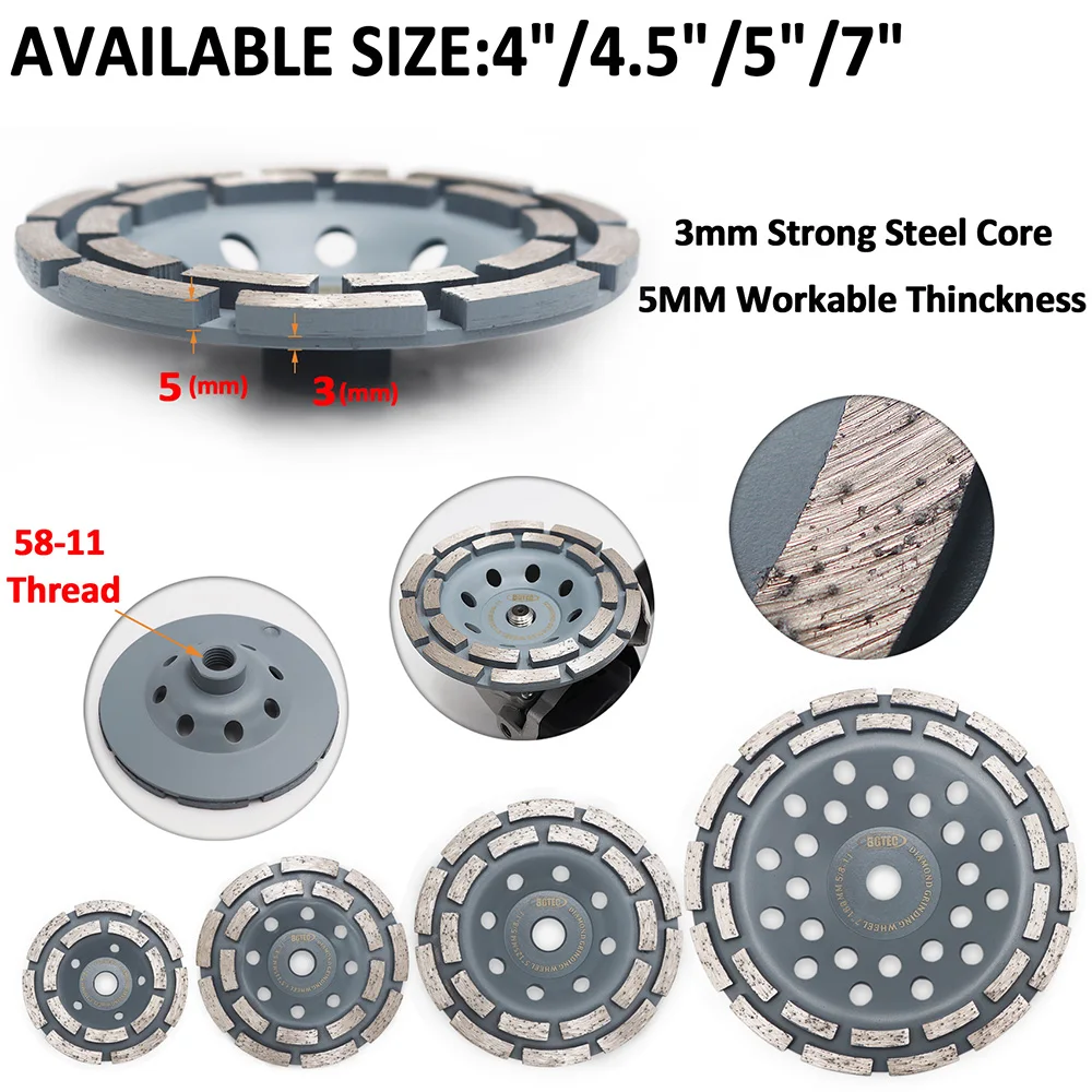 BGTEC 1pc 4/4.5/5/7inch Diamond Double Row Grinding Cup Wheel 180mm Grinding discs for concrete, Masonry, Granite marble