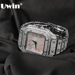 UWIN Iced Out Men Watch Square Diamond Pink/Blue Numbers Luxury Rhinestones Quartz Business Wristwatch Fashion Jewelry for Gift