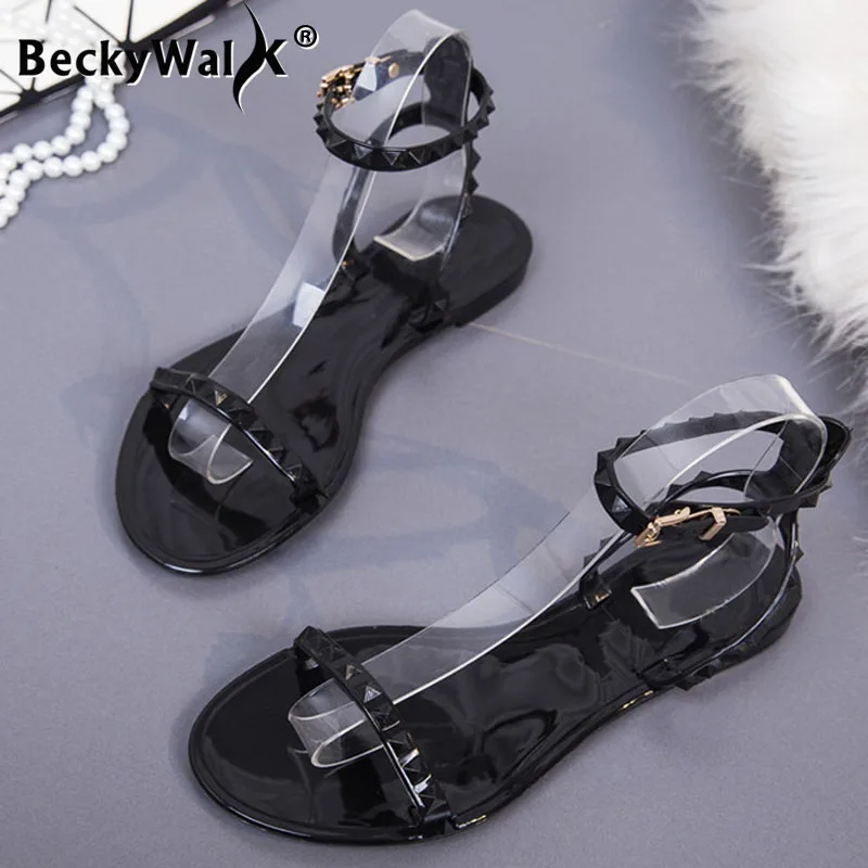 Simple Women Flip Flops Summer Shoes Black White Beach Shoes Woman Rivets Flat Sandals Hot Jelly Shoes Ladies Sandals   WSH3544