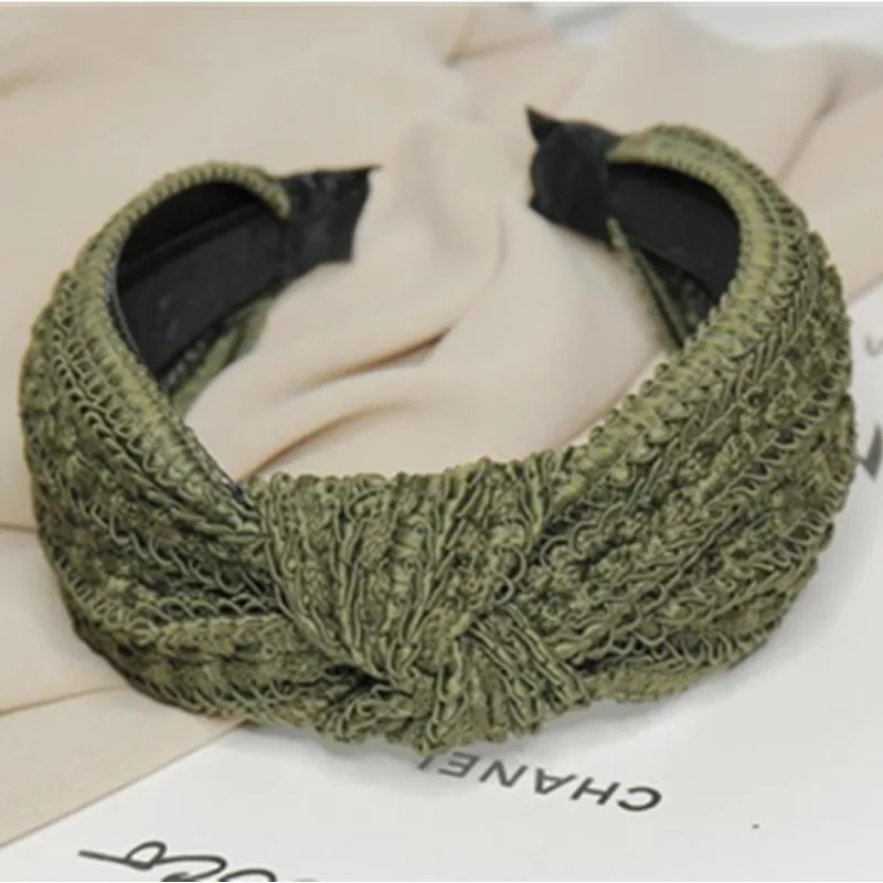 New Handmade Wide Weaving Headband for Women Fashion Headwear Adults Cotton Wool Hairband Knot Solid Crochet Head Band Bow
