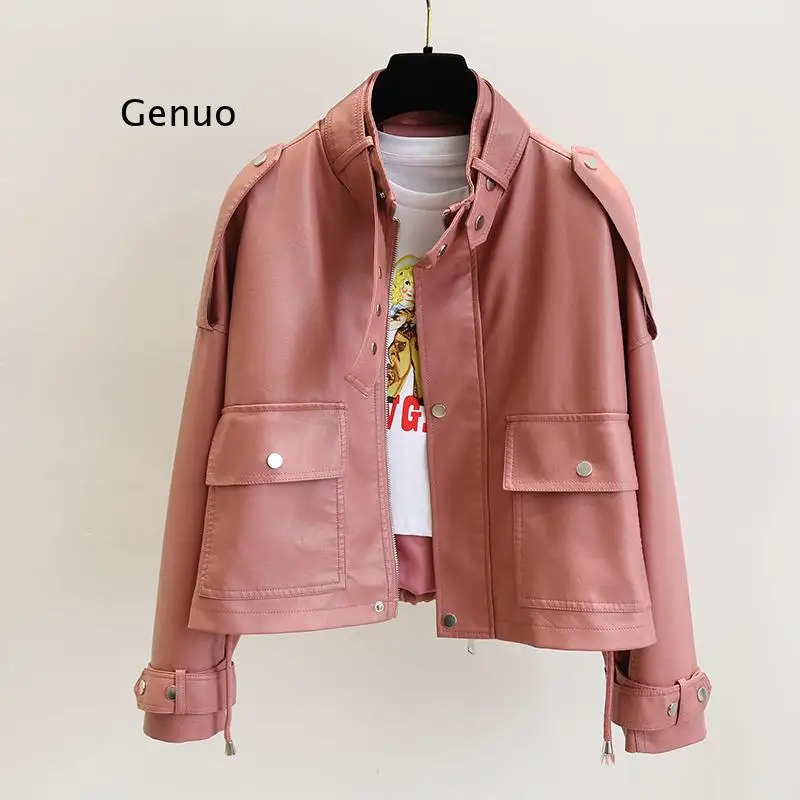 Neue Herbst Frauen Faux Leder Jacke Pu Motorrad Lose Straße Schwarz Punk Mantel Weibliche Große Tasche Rosa Leder Mantel