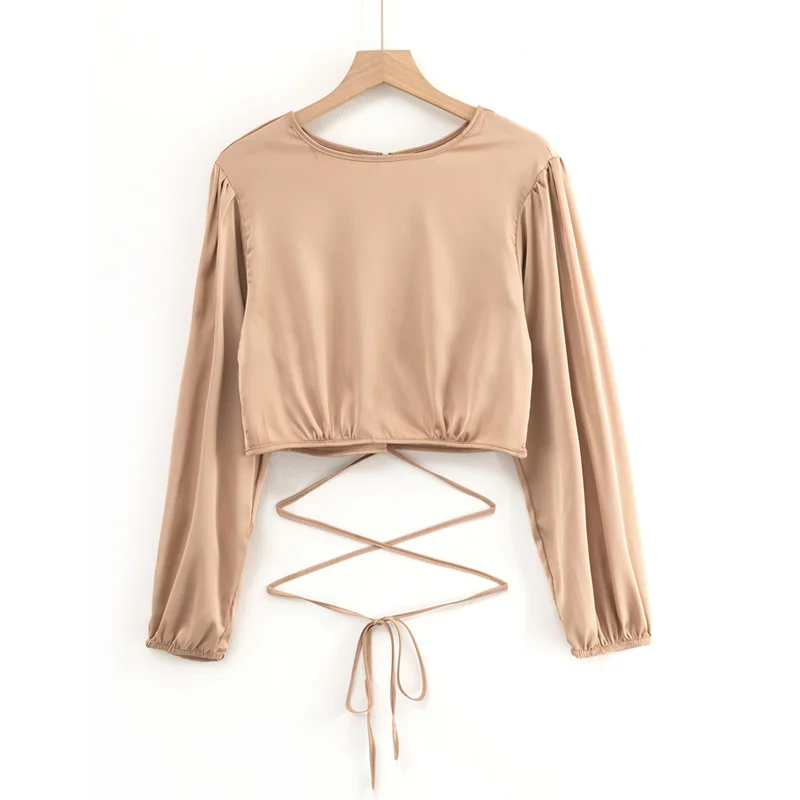 Women Satin Tie Waist Crop Top With Cut Out Detail A854