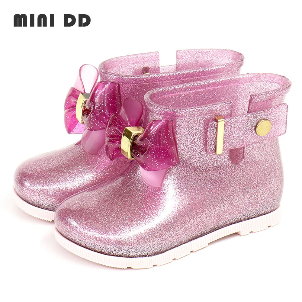 Mini DD 2023 Children Rainboots Gilrs Fashion High Quality Jelly Shoes Sparkle Princess Bow Shoes PVC Non-slip Rain Boot HMI012