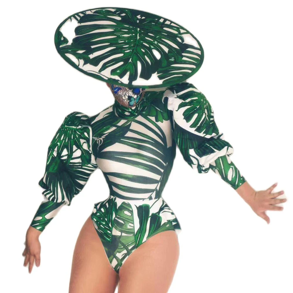 

Women Bodysuits Long Sleeve Pattern Printing Three-Piece Suit Personality Performance Costume Ladies Club Costume Stage Wear