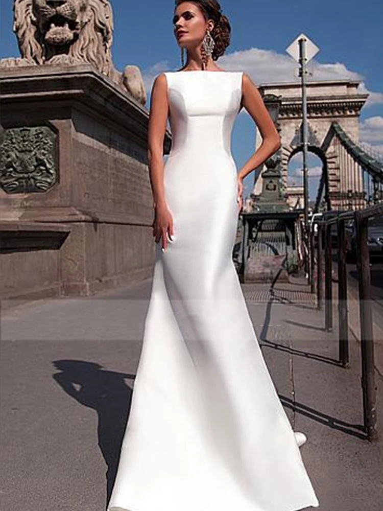 Personalizado elegante sereia vestido de casamento para mulher 2025 branco destacável simples trem sem costas cetim vestido de noiva robe re mariee