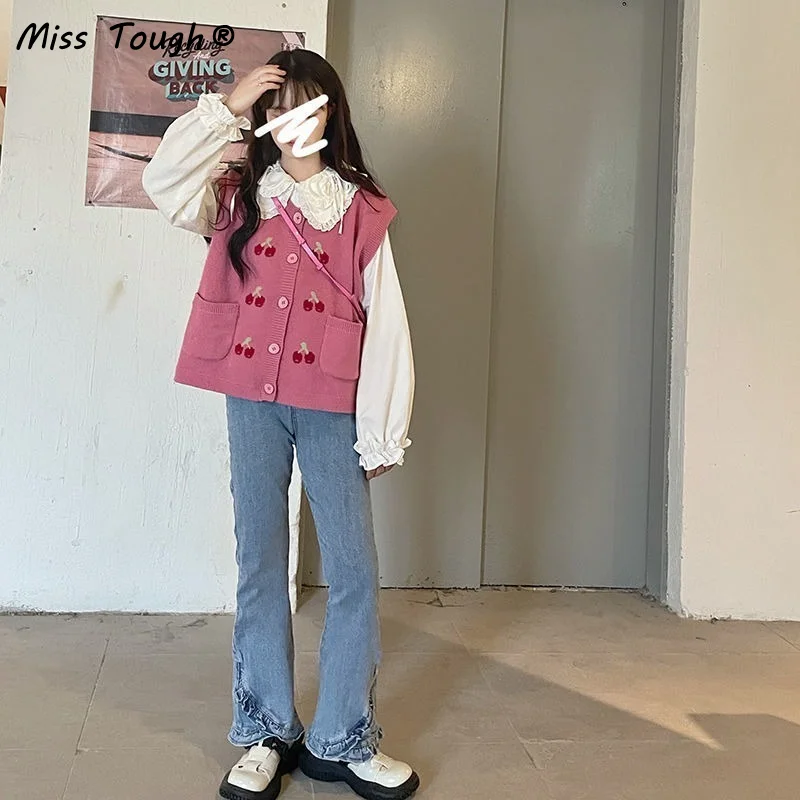 Autumn Pink Knitted Sweater Cardigan Women Print Cherry Kawaii Sweater Coat Korean Fashion Sleeveles Cute Knitwear Sweater 2022