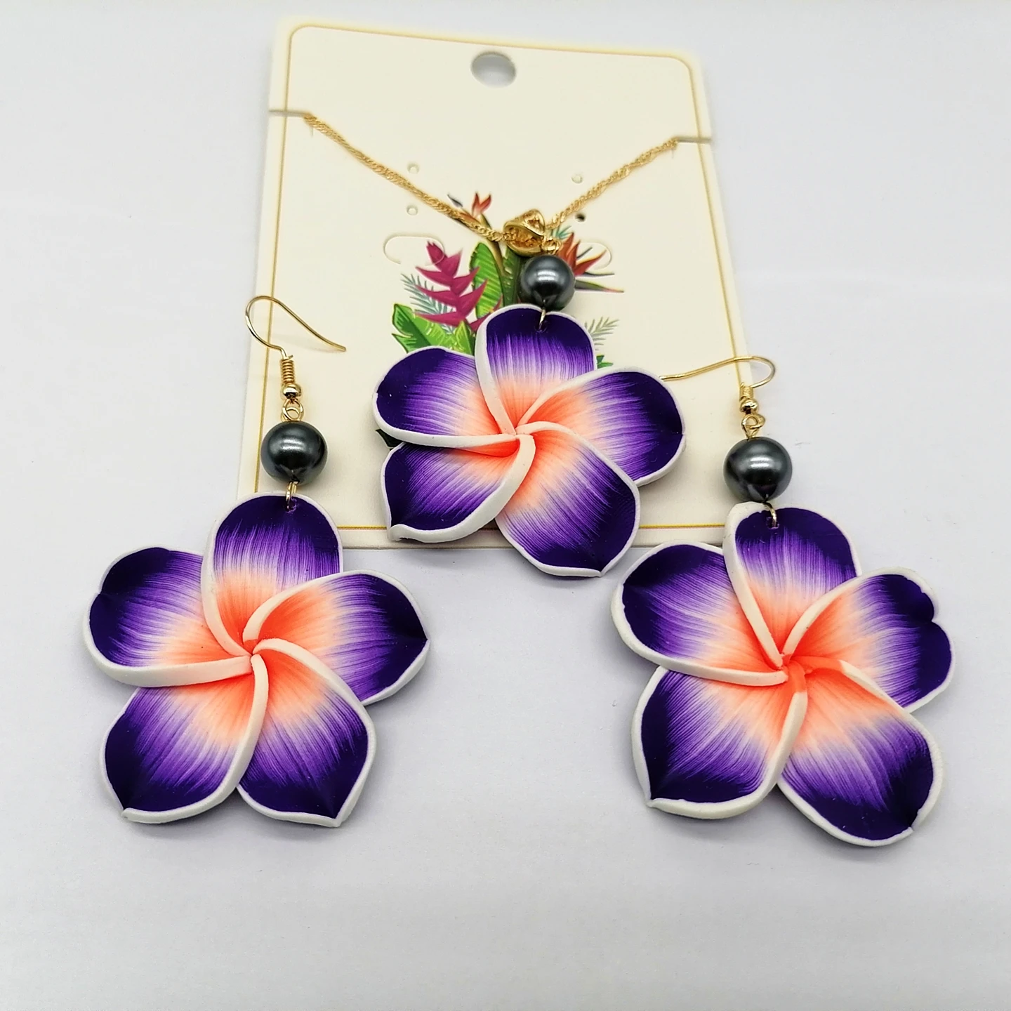 New Designer Jewelery Sets Trendy Handmade Soft Polymer Hawaiian Plumeria Necklace Earrings Set Valentine\'s Days for Women 2022