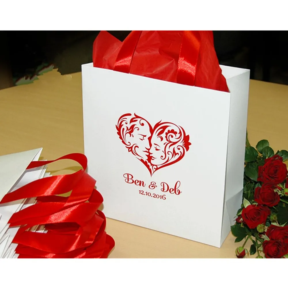 Personalized Romantic Red Heart Wedding Gift Bags with satin ribbon and names  Custom  Elegant  Paper Bag  White and Red bags