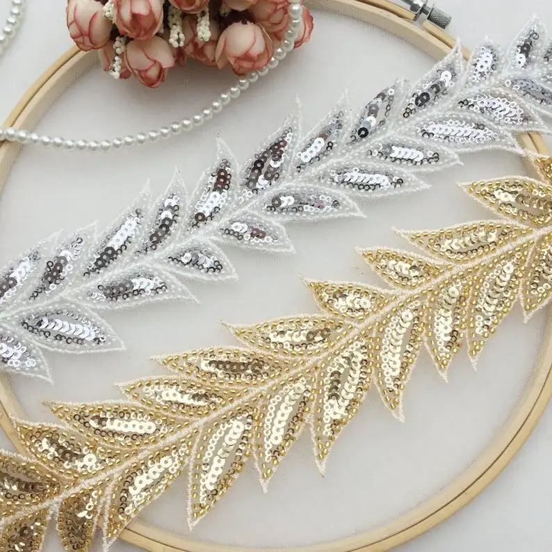 

gold beaded trim, sequins&pearls leaves pattern trimming for headband, bridal sash, scarf, clothing, 1 Meter