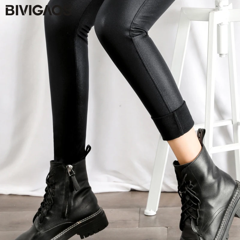 Bivigaos Herbst Winter schwarz Fleece matt Leder Leggings Frauen hohe Taille sexy Motorrad hose schlanke dünne warme Leggings