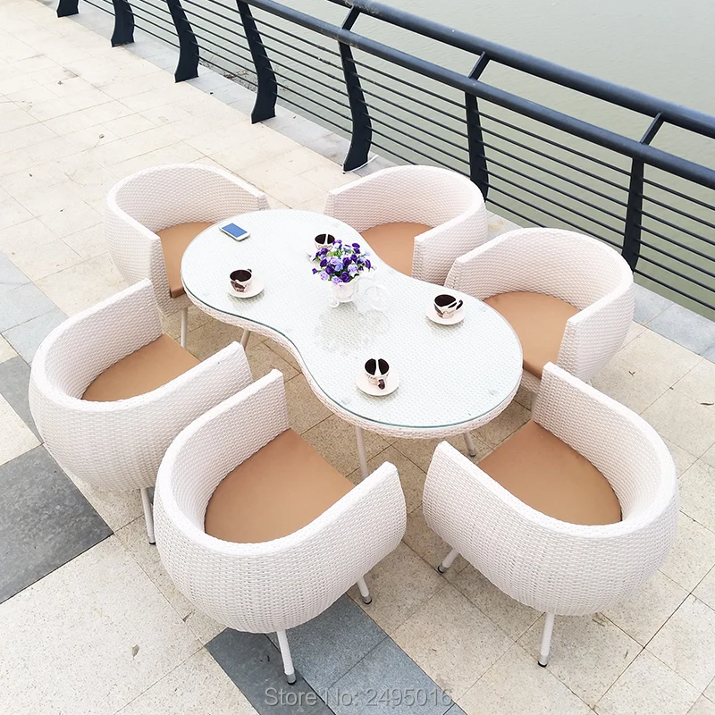 7 pcs Garden Dining Sets Metal frame and Rattan Patio Wicker Sectional table and chairs with Cushions for platform /deck/ lawn