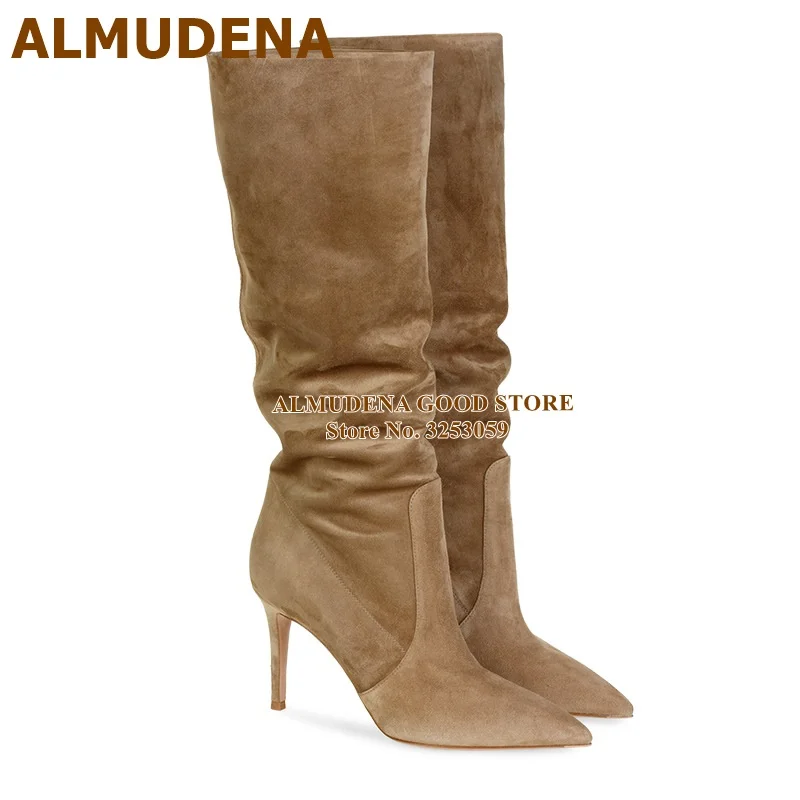 ALMUDENA Suede Leather Pleated Knee Boots Stiletto Heels Pointed Toe Tall Boots Fall Slouch Gladiator Dress Shoes Size46 Pumps